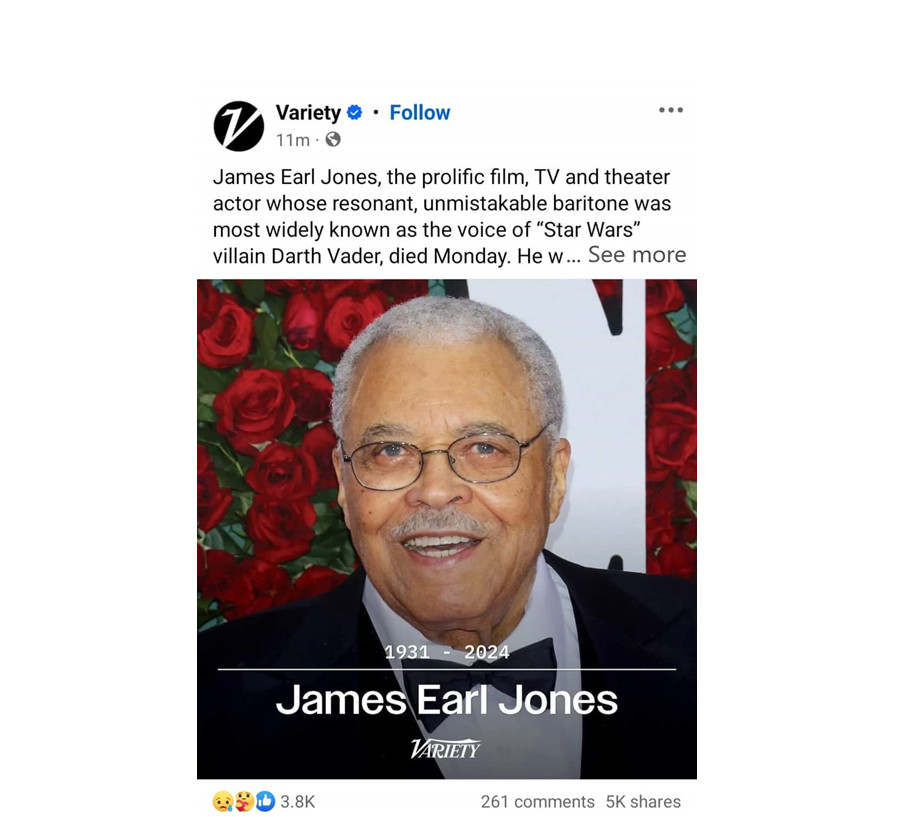 James Earl Jones, the prolific film, TV and theater actor whose resonant, unmistakable baritone was most widely known as the voice of “star wars” villain Darth Vader, Died Monday. He was 93.